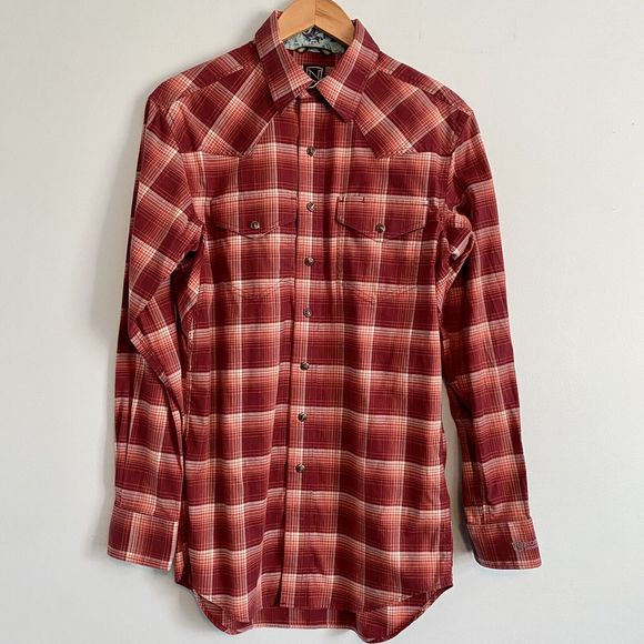 Noble Outfitters Mens Small Pearl Snap Western Shirt Red Plaid Flip-Cuff Stretch - Picture 2 of 9